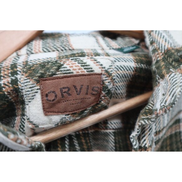 Orvis Mens L/G Plaid Flannel Button-Up Shirt Green & Cream Cotton Outdoors Camp - Picture 2 of 16